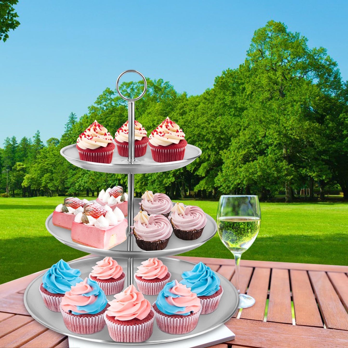 LIAISIMI 3 Tier Silver Cupcake Stand Stainless Steel Dessert Display Rack with Removable Tiered Tray for Parties,Weddings,Birthdays,Decorations,Any Festivals and Festivities(Stainless Steel Pole)