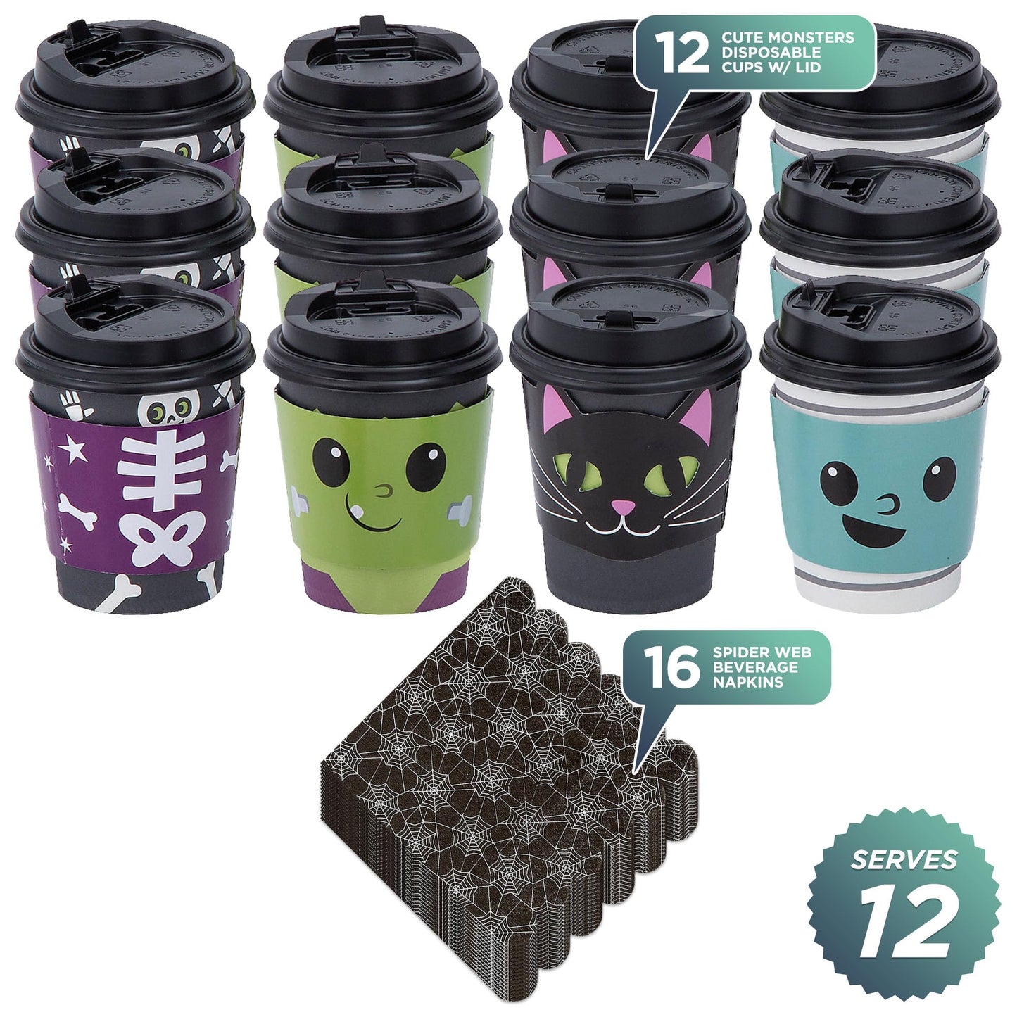 HOME & HOOPLA Halloween Party Cute Monster Disposable Hot Chocolate & Cider Cups With Lids and Scalloped Spider Web Beverage Napkins, 9 Ounce Size (Serves 12)