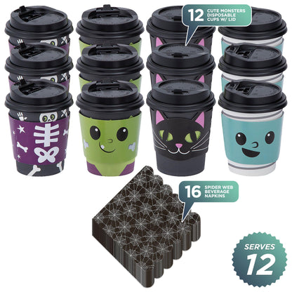 HOME & HOOPLA Halloween Party Cute Monster Disposable Hot Chocolate & Cider Cups With Lids and Scalloped Spider Web Beverage Napkins, 9 Ounce Size (Serves 12)