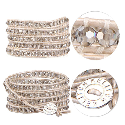 KELITCH New Gray Crystal Beaded 5 Wrap Bracelet On Leather Friendship Bracelets Jewelry for Womens