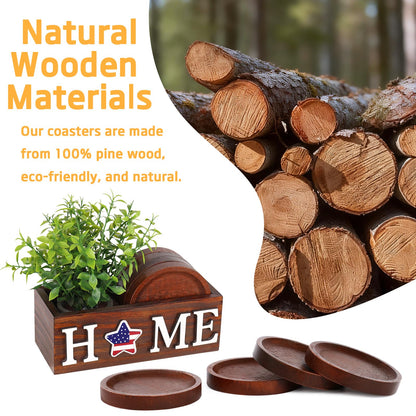 PurpleSwan 4 Pcs Wood Coasters for Drinks with Holder, Interchangeable Home Sign Green Plants Potted Wooden Coaster Set, for Farmhouse Office Bar Drink Coffee Coasters Table Decor.