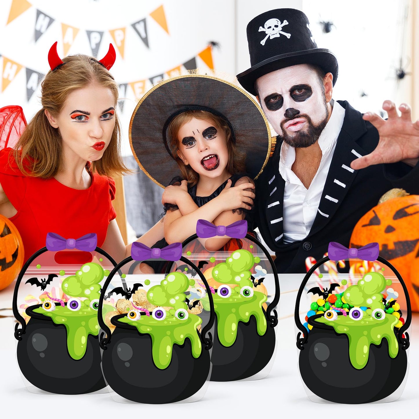 Fuutreo 50 Pcs Halloween Bags Plastic Halloween Goodie Bags with Handles Scary Holiday Sealed Pouch Sealing Cauldron Treat Candy Pouch for Scary Holiday Party Candy Gift Supplies Decoration(Cauldron)