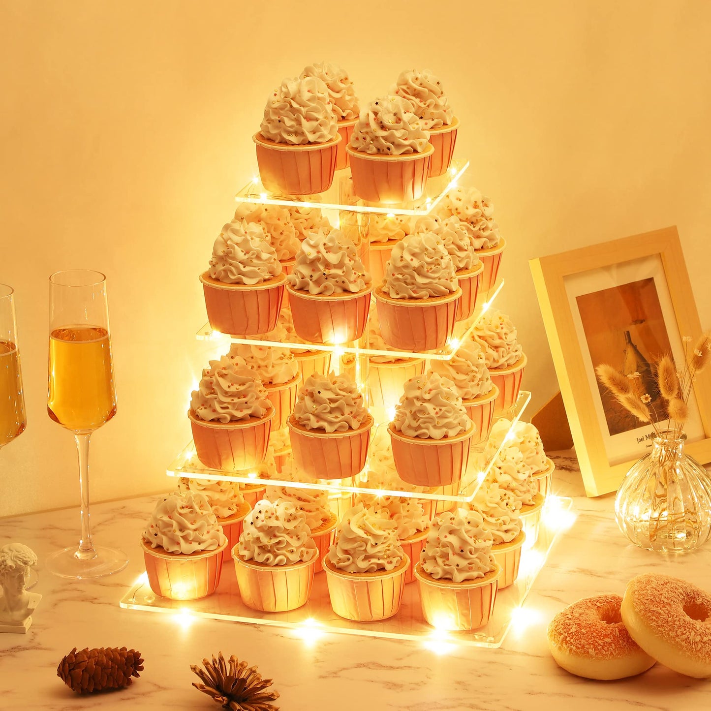 Suneerplay 4 Tier Cupcake Stand with LED String Light, Acrylic Cupcake Display Stand, Square Cupcake Tower Holder, Cup Cake Stand for Birthday, Wedding, Baby Shower, Party