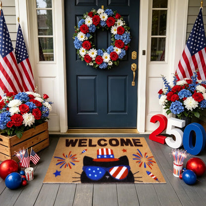 Prewplam 4th of July Patriotic Welcome Doormat- Black Cat 250th Anniversary America Coir Doormat, Front Rubber Non Slip Backing Mats for Outdoor Entryway Entrance Porch Patriotic Decor,73 x 43