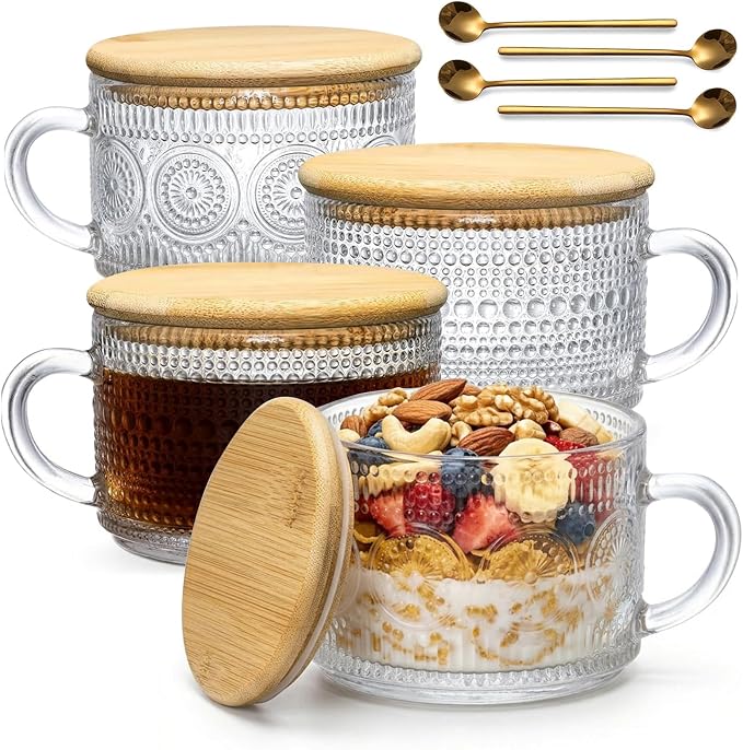 DOPUDO Vintage Glass Coffee Mugs,Overnight Oats Containers With Lids,Glass Cup With Sealed Lid and Spoon,Glass Coffee Mugs,Coffee Bar Accessories,Ideal for Cappuccino, Latte(4-Pack,14oz)