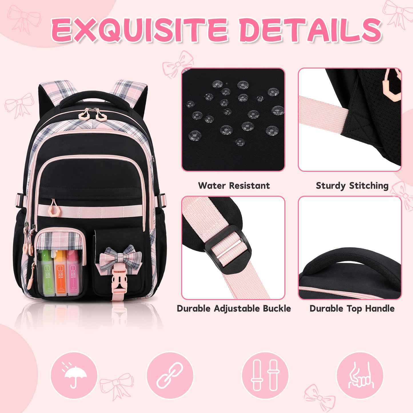QIXIHU Girls Backpack, 17-Inch Bookbag for Middle & Elementary School, Kawaii Kids Backpack for Girls Ages 6-12(Black Pink)