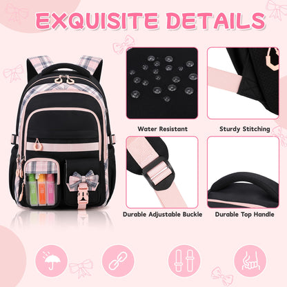 QIXIHU Girls Backpack, 17-Inch Bookbag for Middle & Elementary School, Kawaii Kids Backpack for Girls Ages 6-12(Black Pink)