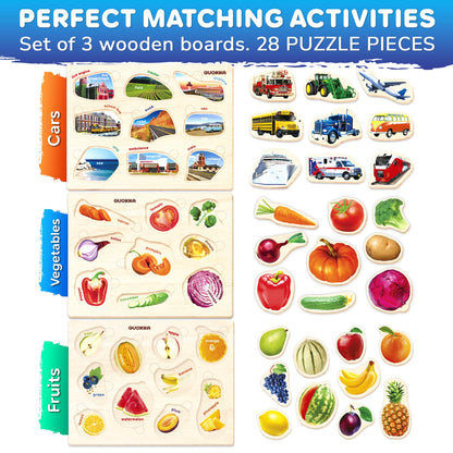 QUOKKA Wooden Puzzles for Toddlers 1-3 – 3xSET Kids Puzzles Ages 2-4 – Montessori Toy Puzzle for Toddlers 3-5 – Wood Toy Learning Realistic Fruits - Cars - Vegetables for Boy and Girl