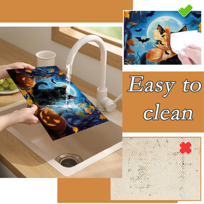 Black Cat Placemats Set of 6,Halloween Pumpkin Heat Resistant Non Slip Table Mats,Washable Wipe Clean Dining Placemats 12 x 18 Inches