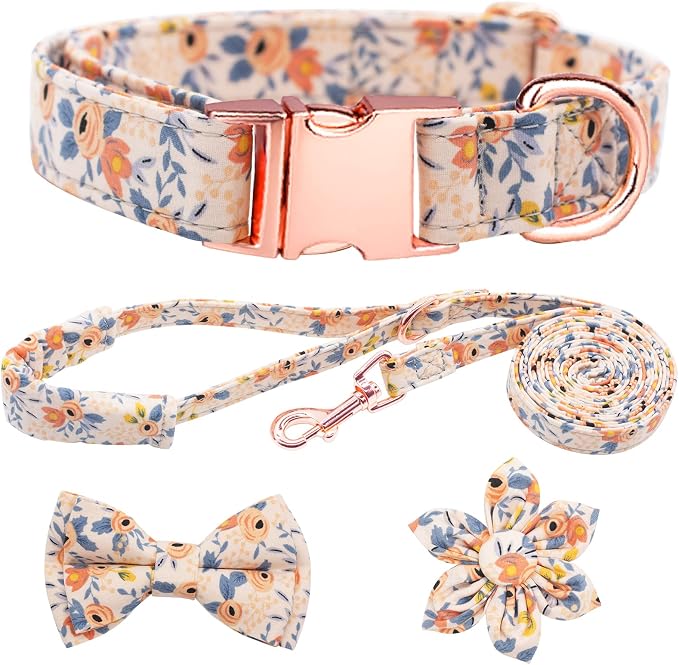 Dog Collar and Leash Set Girls Adjustable Puppy Collars with Floral Bow Tie for Small Medium Large Female Dogs, Orange Flower, L