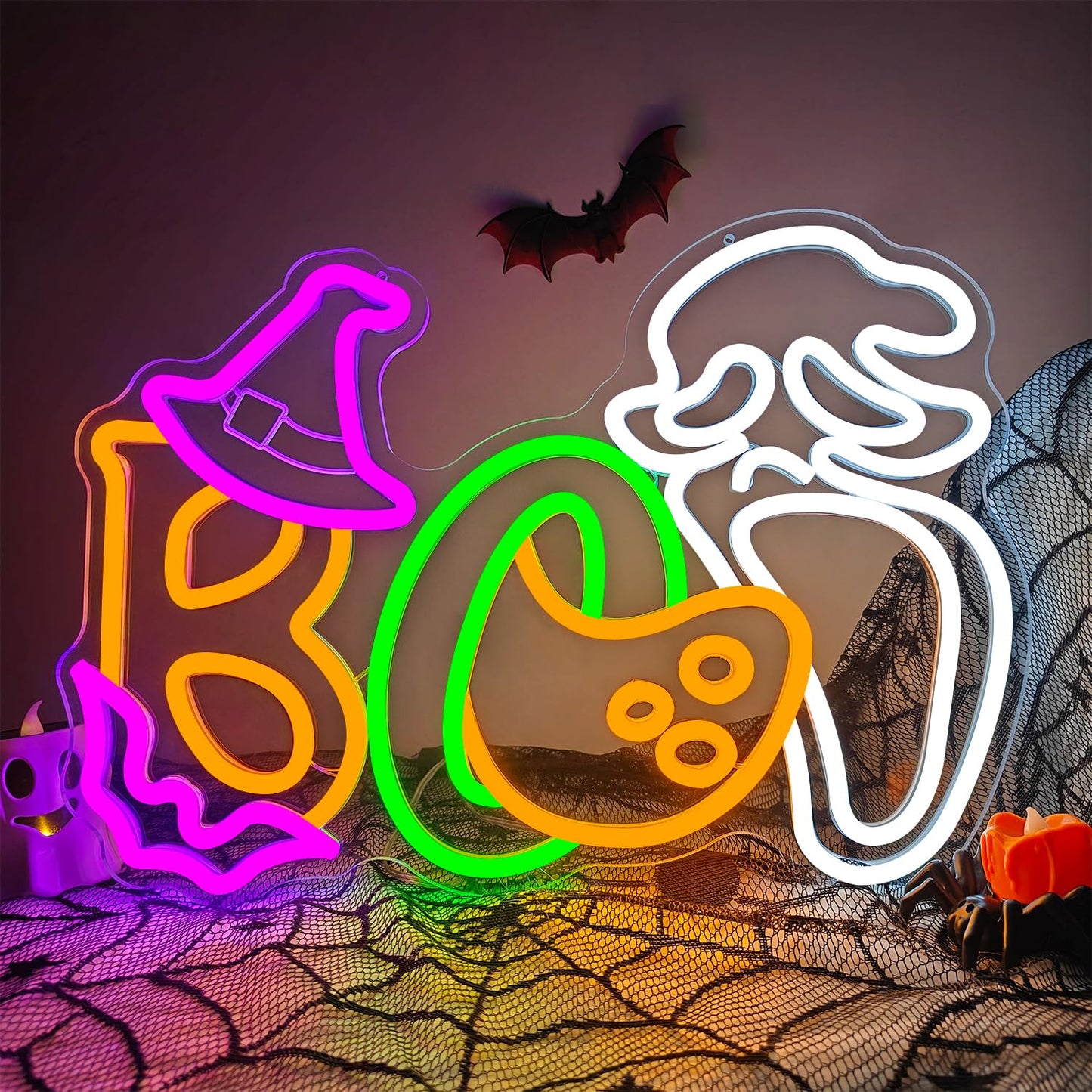 Halloween Boo Neon Sign for Wall Decor Ghost Face Led Sign Animated Looks Like The Ghost Was Eaten Bat Witch Hat Ghost Neon Light Up Sign for Window Bar Horror Halloween Party Man Cave Game Room