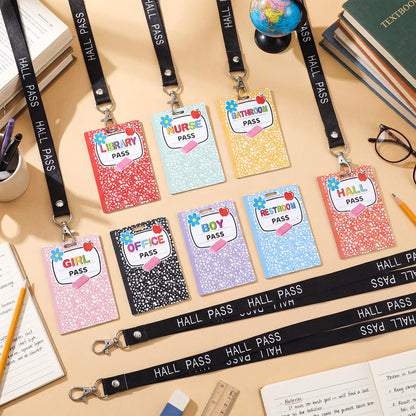 Fuyoooo 16 Set Colorful Composition Notebook Hall Pass Lanyards Unbreakable PVC Rainbow Classroom Passes with Lanyards Bathroom Boy Girl Library Hall Office Nurse Pass 2.4 x 3.5