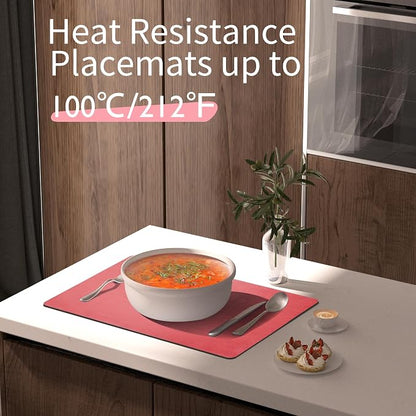 Maxpearl Faux Leather Placemats Set of 8 - Waterproof - Wipe Clean - Heat Resistant - Anti Slip Dining Table Place Mats, Suitable for Indoor & Outdoor Use, 17’’×12’’, Light Red