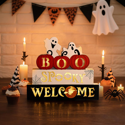 WBao Halloween Decorations Indoor 9.4inch Premium Wooden Block Set with Glowing 3D Letters, Timer, Battery Powered Rustic Farmhouse Centerpiece for Home, Table, Mantel, Shelf Halloween Party Decor