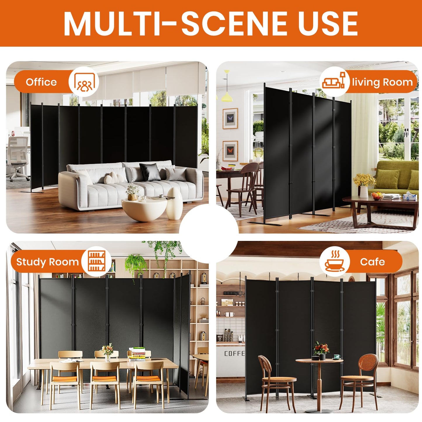 SUNALLY Room Divider 6FT Folding Privacy Screens, 4 Panel Fabric Divider for Room Separation, 88" W Freestanding Portable Wall Dividers Screen for Home Dorm Studio Office, Black