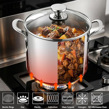 P&P CHEF 10 Quart Stainless Steel Stock Pot with Lid, Large Stockpot for Cooking Pasta Soup, Cookware for Induction Gas Electric Stoves, Visible Lid & Measuring Markings, Dishwasher Safe