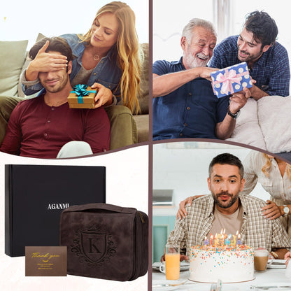 Aganmi Personalized Hanging Toiletry Bag Travel Gifts for Men Him, 3-in-1 Large Laser-Engraved Initial Waterproof PU Leather Shaving Bag Valentines Birthday Gift for Men Dad Husband Dark Brown M
