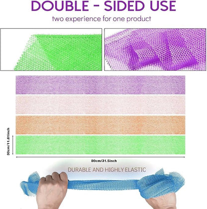 UJFQBH 4 Pieces African Net Sponge African Net Long Net Bath Sponge Exfoliating Shower Body Scrubber Back Scrubber Skin Smoother,Great for Daily Use (Purple, Orange, Green, Pink)