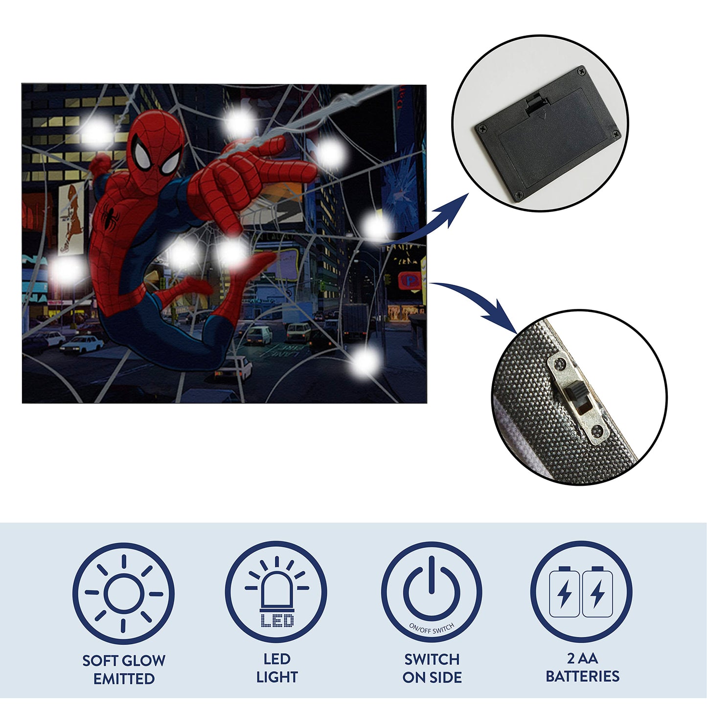 Idea Nuova Spider-Man LED Canvas Wall Art, Children's Home Décor, Bedroom, Spiderman / Blue, 11.50" x 15.75"