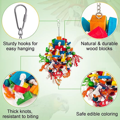 Large Parrot Toy - Multicolored Natural Wood Blocks Tearing Toys for Birds Suggested for African Grey, Macaw and Amazon Parrots