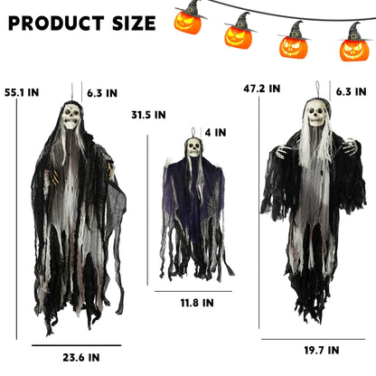 Hourleey 3 Pack Halloween Hanging Ghosts Decorations Outdoor, Scary Flying Grim Reapers Skeleton, Skull Ghost Halloween Decor for Yard Porch Frontdoor Party Haunted House Props