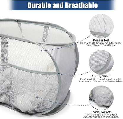2 Pack Collapsible Laundry Baskets, Upgrade Pop Up Laundry Hamper with Convenient Bags, Foldable Laundry Basket Mesh Light Weight, Easy to Carry Clothes Hampers for Laundry, Dorm, Toys, Travel Grey