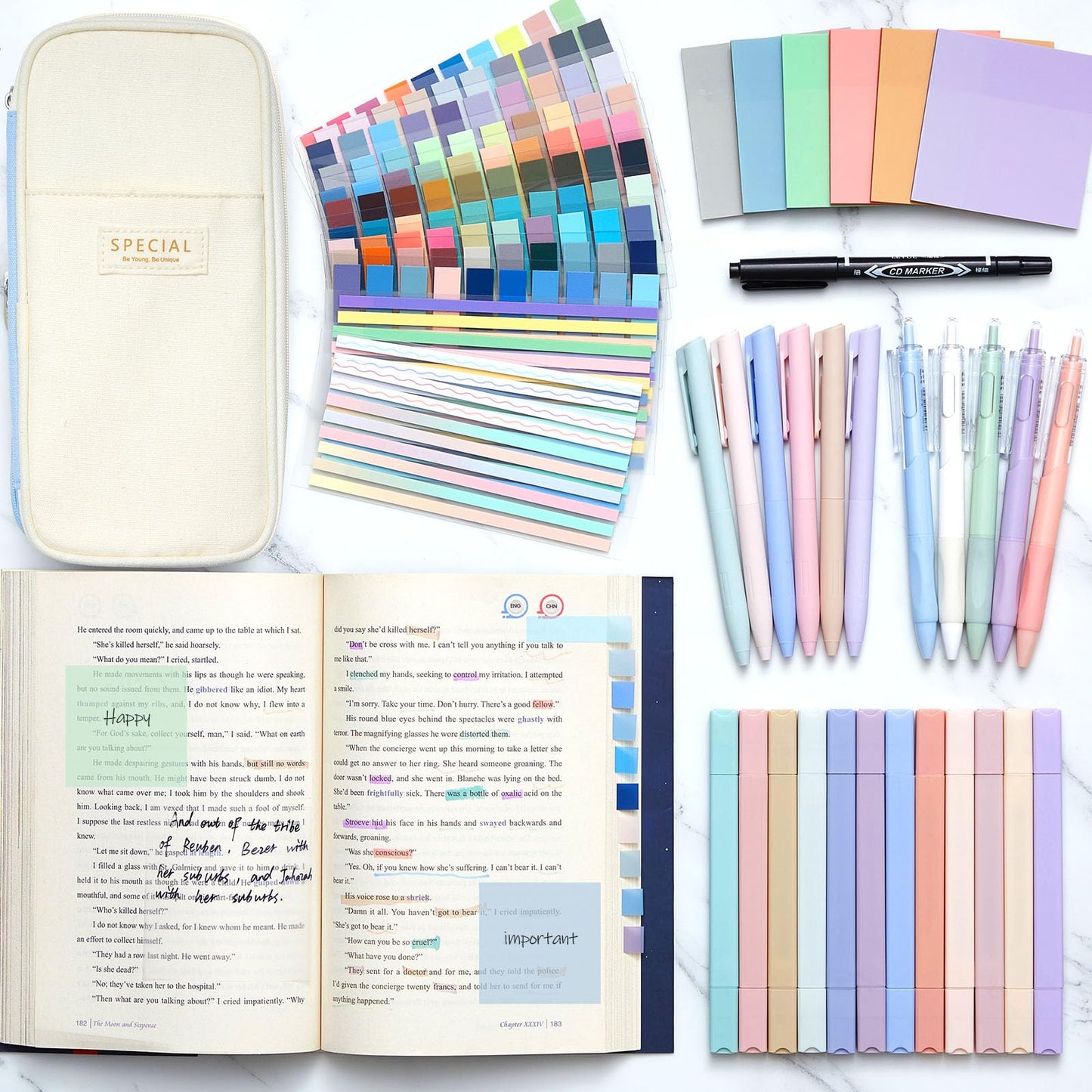 Trandraft 135 Pcs Book Annotation Kit with Pencil Case, 12 Pastel Highlighters, 11 Gel Pens, Fine Marker, 300 Transparent Sticky Notes, 2640 Index Tabs, Bible Study Supplies Kit(Classic,Light Blue)
