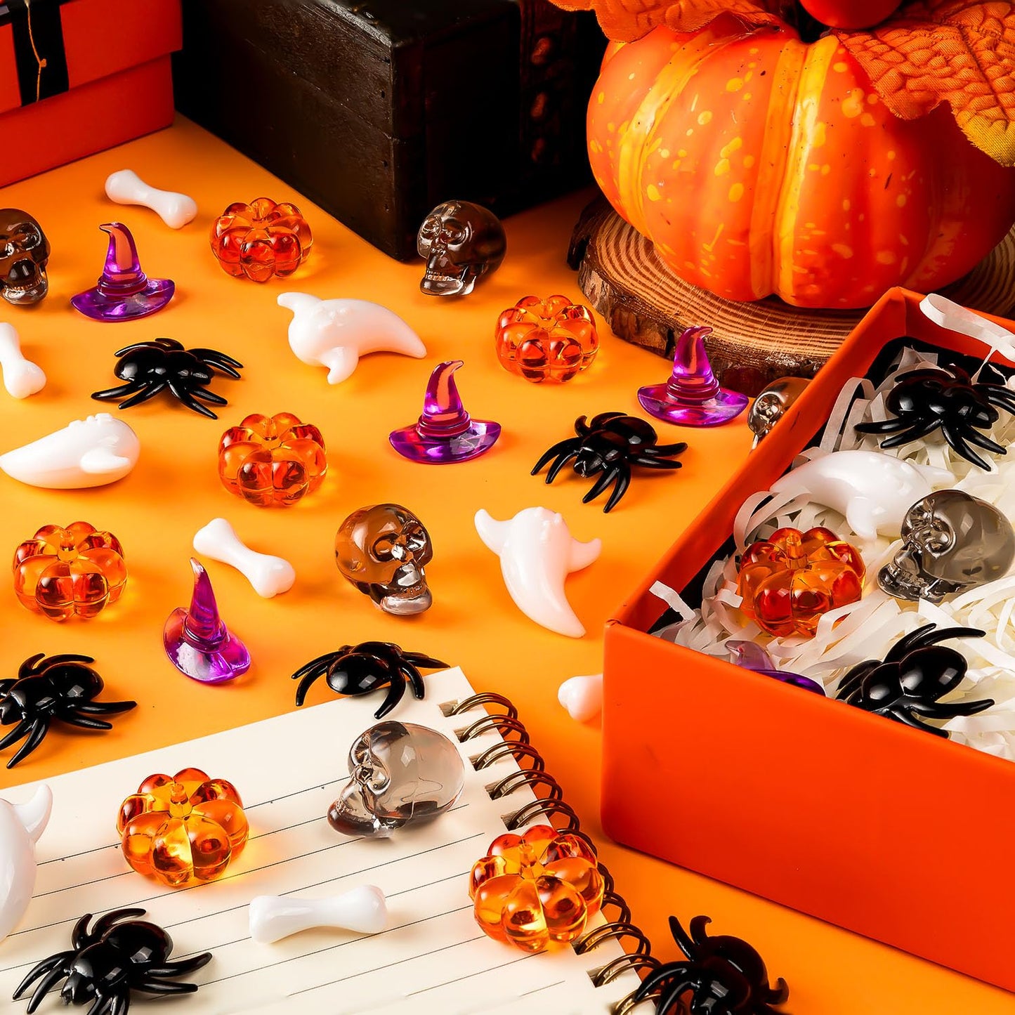 ZHWKMYP 220 Pcs Halloween Vase Filler, Mini Acrylic Pumpkin Ghost Skull Spider Witch Hats Gems for Centerpieces Table Decorations, Halloween Sensory Bin Filler Decor for DIY Crafts