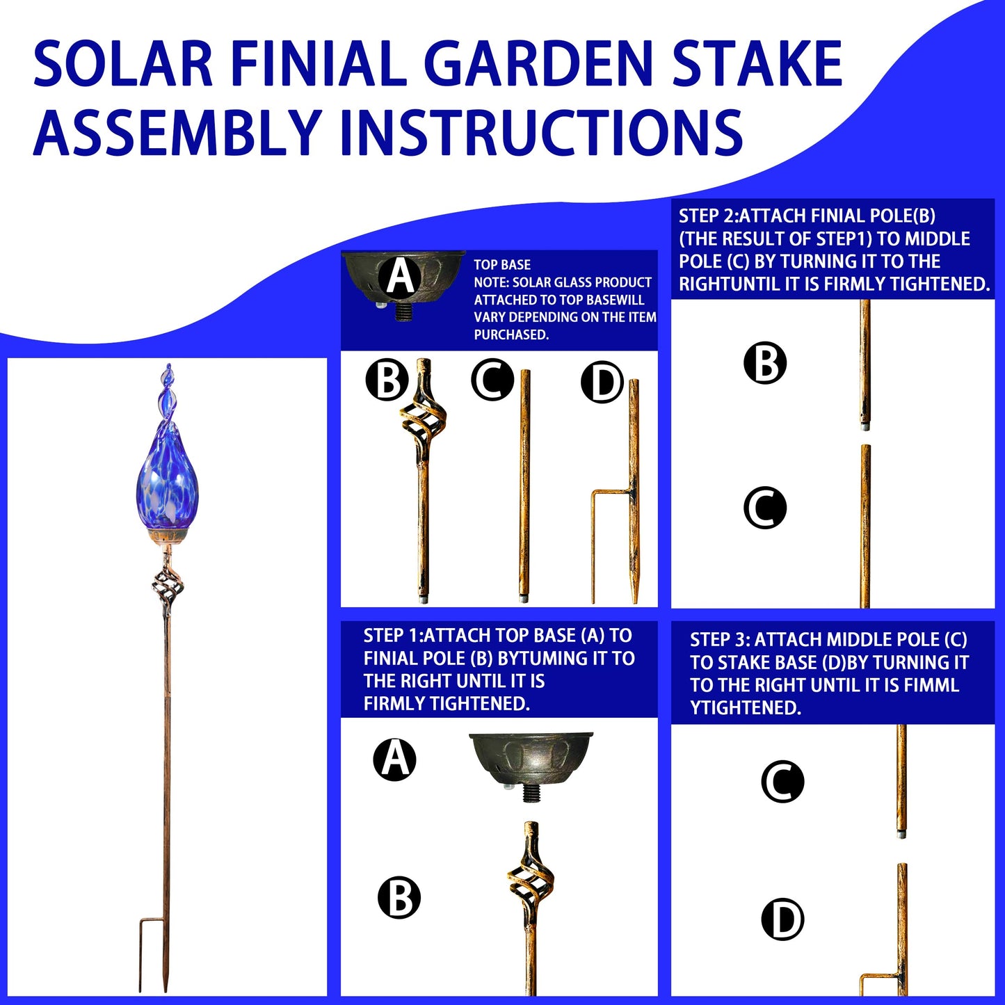 Naboher Solar Garden Lights Outdoor, Decorative LED Flame Garden Stakes, Hand Blown Glass and Outdoor Waterproof Glass Stakes (Dark Blue)