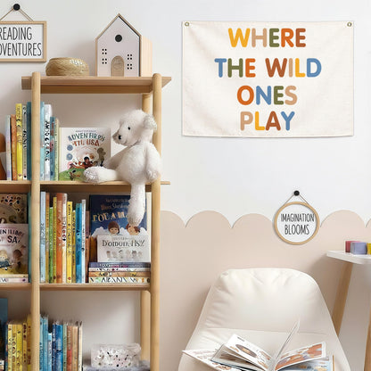 Nursery Rectangular Canvas Banner Flag-Where The Wild Ones Play Wall Sign Decor for Bedroom Playroom Babyroom Outdoor,Baby Shower Baptism Christmas Gift for Baby Boys Girls Kids-28.5"L×20"W