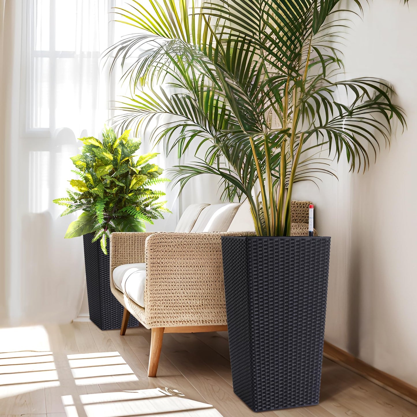 GarveeLife 22.5 in Tall Planter Set of 2 Large Rattan Flower Pot with 2 Trays & a Water Level Monitor & Wheels Outdoor and Indoor for Patio, Porch, Living Room, or Home Office, Black