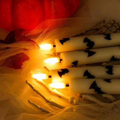 SEHNSY Halloween Flameless Taper Candles with Remote and Timer, 4 Pack Bat LED Flickering 3D Flame Real Wax Candles, Battery Operated Halloween Table Decor for Spooky Indoor Displays