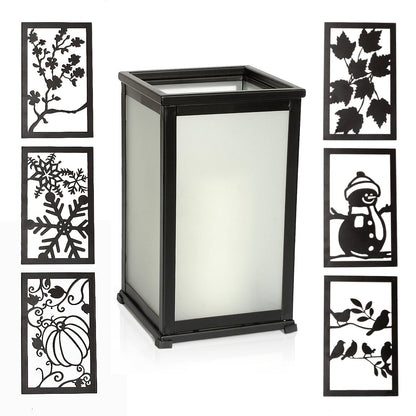 Decorative LED Candle Lantern with Timer & 12 Magnetic Seasonal Panels - Battery Operated Flameless Flickering Candle - Rustic Black Metal Lantern for Indoor & Outdoor Home Decor, 5” x 5” x 8.5”