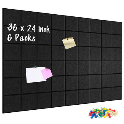 DOLLAR BOSS Felt Cork Board Tiles, 6 Packs 12" x 12" 1/2" Thick Bulletin Board Adhesive Acoustic Panels Soundproof Corkboards for Walls with 60 Pushpins for Home Office Kitchen School, Grid