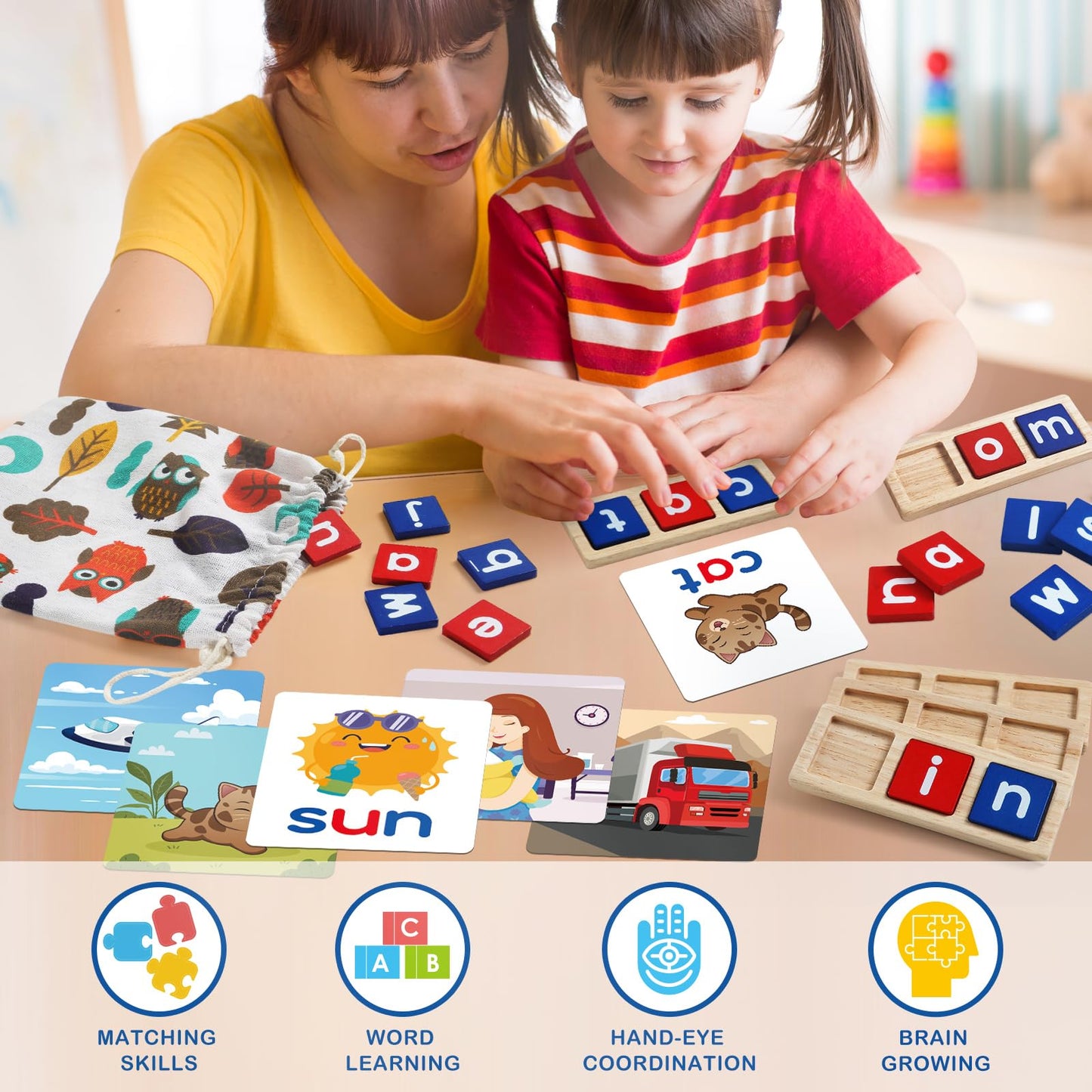 CVC Word Educational Toy Spelling Games, Preschool Toddler Learning Activities, Montessori Learning Toys Gifts for 3 4 5 6 Years Old Kids, 60 Sight Words Flash Cards Alphabet Puzzle for Toddlers