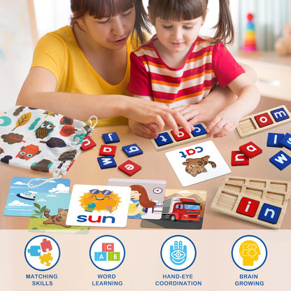 CVC Word Educational Toy Spelling Games, Preschool Toddler Learning Activities, Montessori Learning Toys Gifts for 3 4 5 6 Years Old Kids, 60 Sight Words Flash Cards Alphabet Puzzle for Toddlers