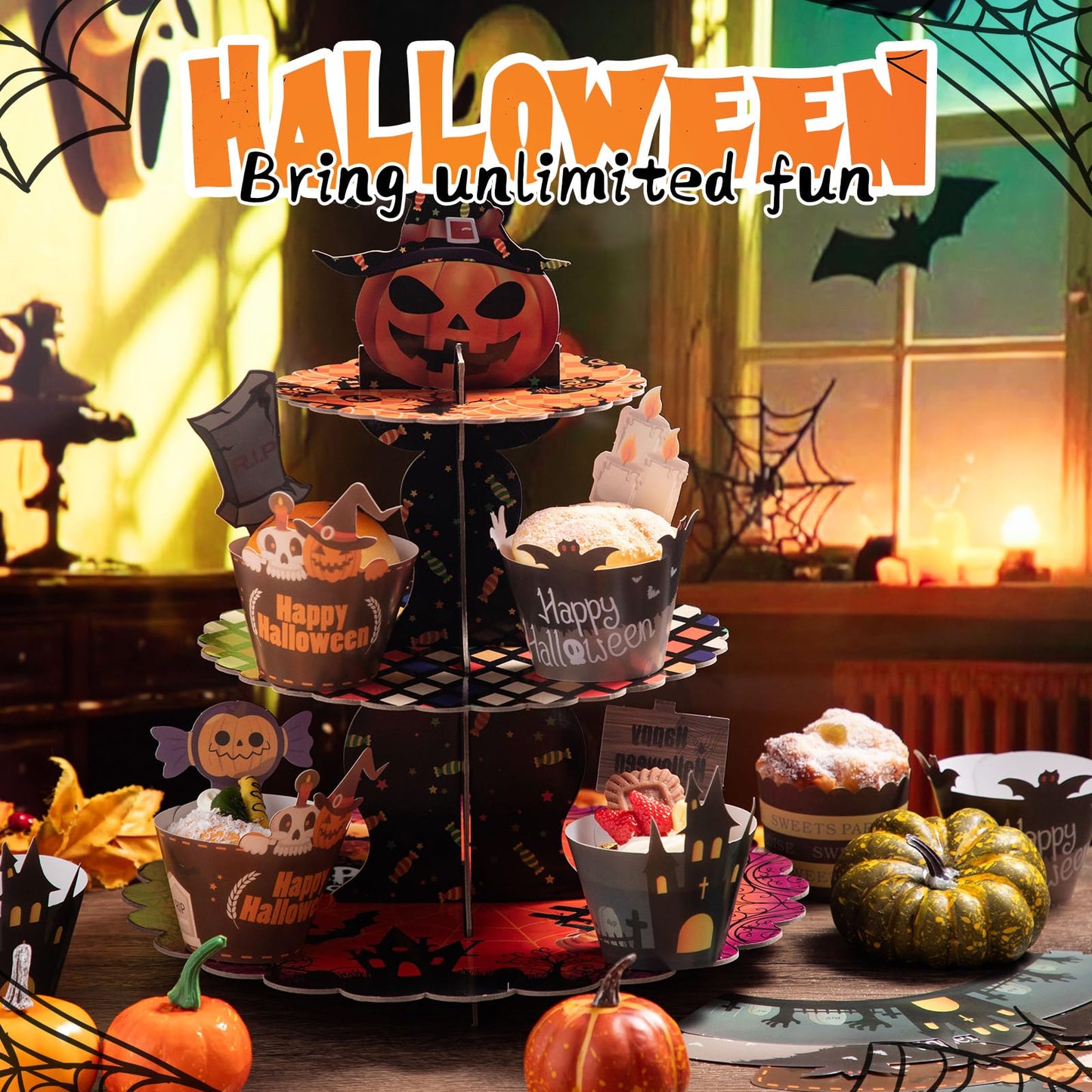 LemonRoad 3-Tier Halloween Cupcake Stand Pumpkin Stack Dessert Display Holder with 12 Haunted House Cup Cake Wrappers 12 Cake Toppers for Halloween Treat Birthday Table Decorations