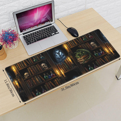 Wizard Library Large Gaming Mouse Pad 31.5 x 11.8 in Gothic Dragon & Magic Potions Desk Mat - Extended Non-Slip Rubber Base with Stitched Edges for Office & Home