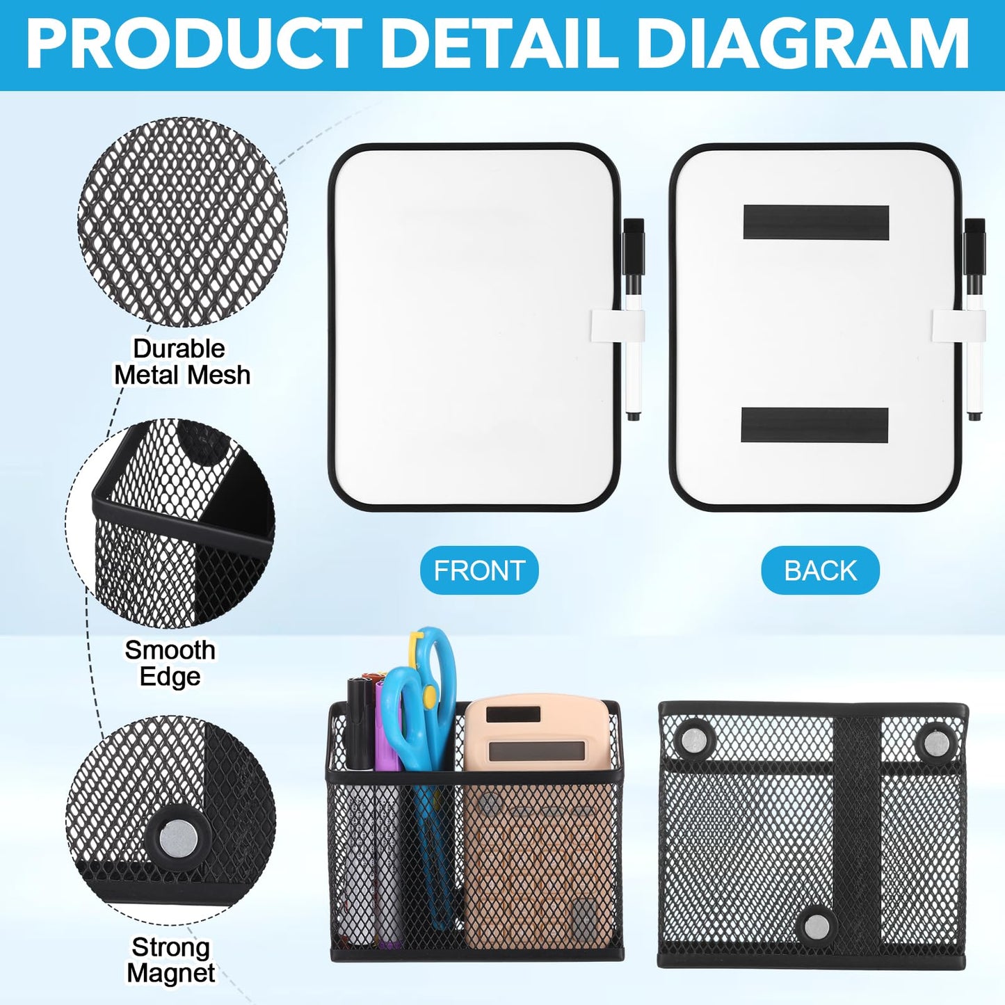 CroBlissful Set of 3 Magnetic Locker Accessories Include Mirror with Bottom Tray Magnetic Whiteboard with 2 Markers and Mesh Storage Basket for Students School Office Locker Organizer(Black)