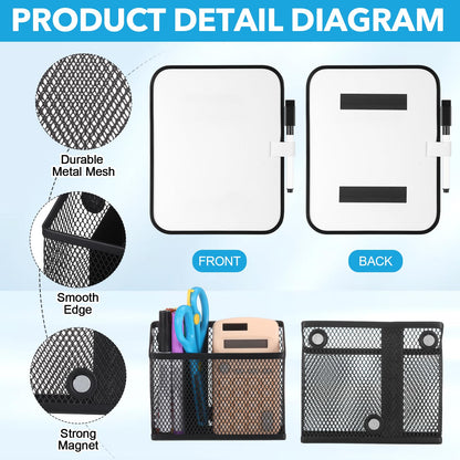 CroBlissful Set of 3 Magnetic Locker Accessories Include Mirror with Bottom Tray Magnetic Whiteboard with 2 Markers and Mesh Storage Basket for Students School Office Locker Organizer(Black)