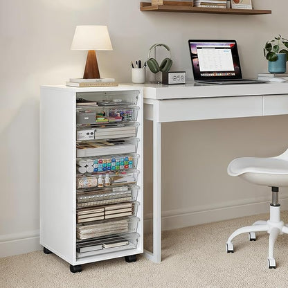 WOPITUES Storage Drawer Cart, Mobile Storage Cabinet, Makeup Storage with 10 Large Clear Drawers, Utility Wooden Rolling Cart on Wheels, for Cosmetic, Art Craft, Office Supplies, Toy, White