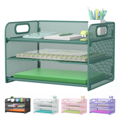Samstar 3 Tier Green Letter Tray Paper Organizer with Handle, Mesh Desk Organizer Paper Sorter File Rack Shelves, Green