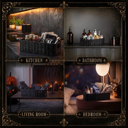 Qinyoung Gothic Storage Basket for Bathroom Rustic Black Woven Paper Rope Organizer Halloween Shape Decorative Tray for Cosmetics Keys Jewelry Gothic Home Decor(Coffin)