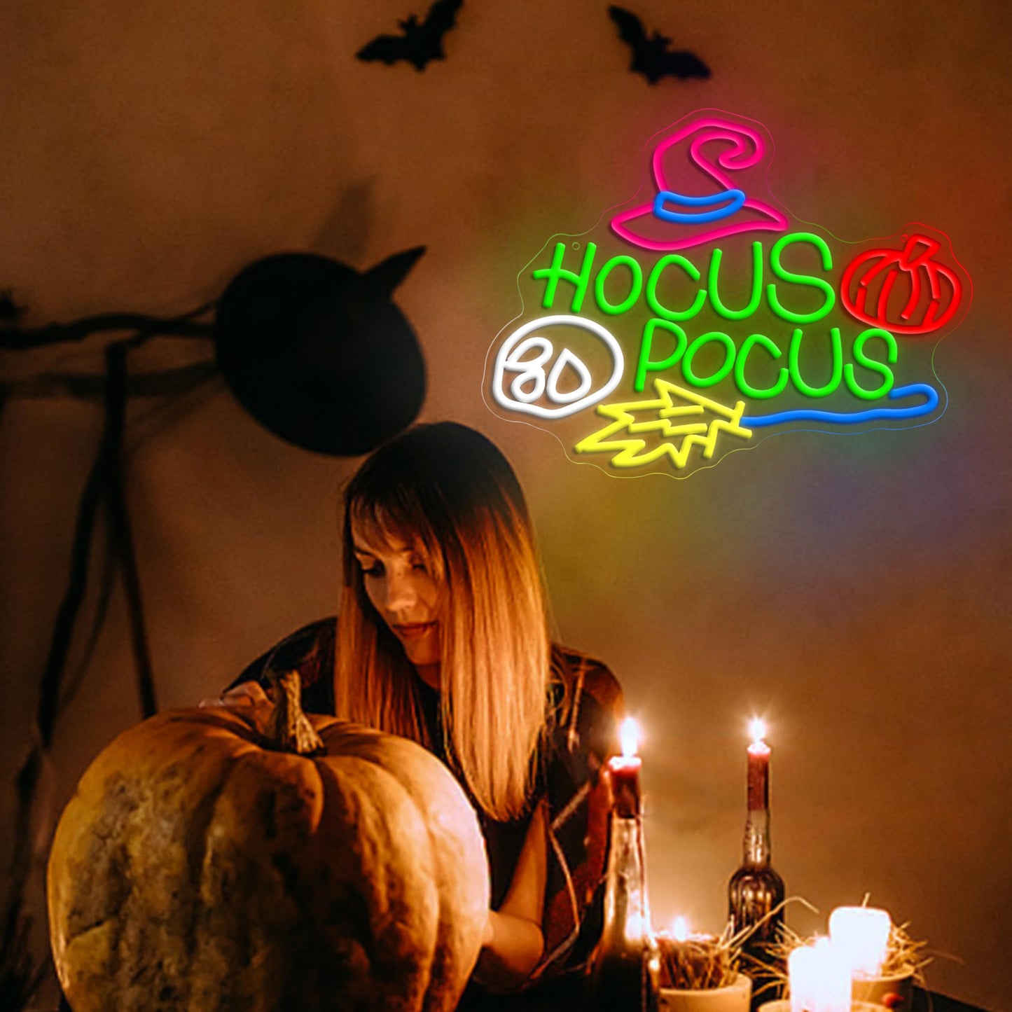 AEHEMNGZ Hocus Pocus Halloween Neon Sign for Wall Decor Mysterious Witch Hat LED Neon Sign Skull Light Up Sign for Bedroom Halloween Decoration Bar Party Gift（16.54 * 12.6in）