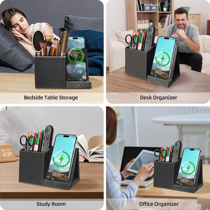 TopMade Wireless Charger with Pen Pencil Holder, Leather Mltifunctional Desk Nightstand Organizer, Fast Charging Station Remote Control Holder, Office Supplies Desk Accessories, Gifts for Men(Black)