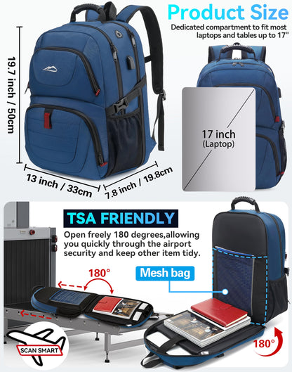 ProEtrade Travel Backpack, Extra Large Laptop Backpack Business Anti Theft TSA Approved College Work Computer Bag Fits 17 Inch Laptop with USB Charging Port for Women Men(Blue)