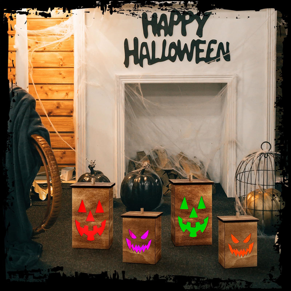 2 Pcs Wooden Jack O Lantern Pumpkins Halloween Light Up Jack O Lantern Outdoor Indoor Battery Operated Lighted Pumpkin With Spooky Face Halloween Decorations Party Favor Gift
