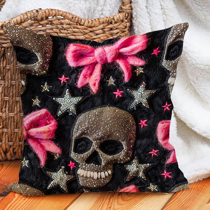 Leaveland Coquette Skull Faux 3D Embroidery Glitter Print 18x18 Inch Throw Pillow Cover Pink Bow Girly Gothic Decorative Cushion Case Fall Halloween Home Decor Daughter Sister Girl Her Gift Pillowcase