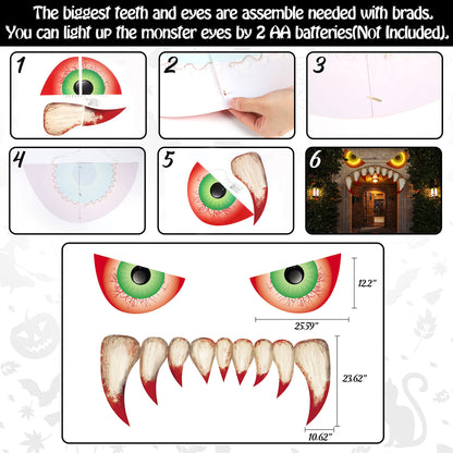 Large Size Halloween Garage Door Decorations 25.59inches - Monster Face House Archway Outdoor Decor with LED Eyes Teeth (Assembly Needed)