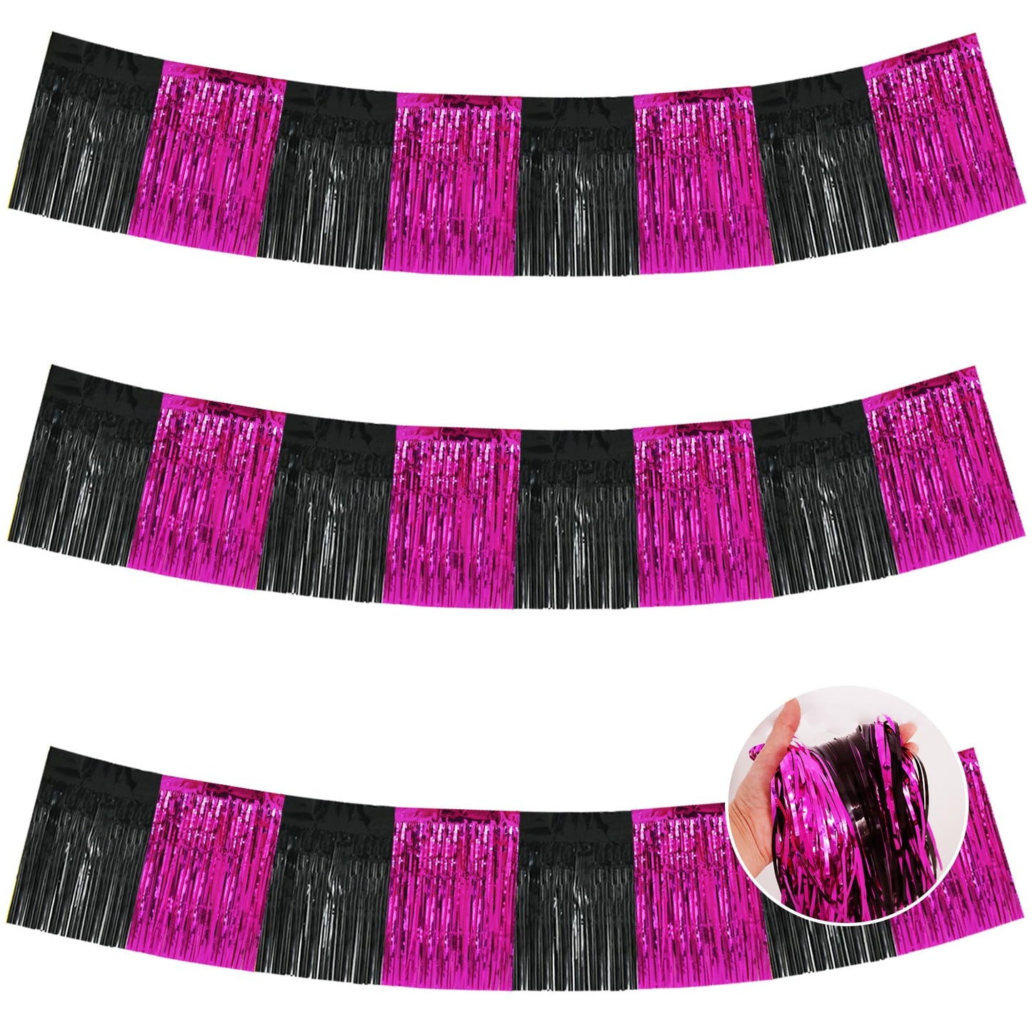 BEISHIDA 3 Packs Metallic Foil Fringe Garland Black Hot Pink Wall Hanging Tinsel Fringe Banners for Car Floats Bridal Shower Wedding Birthday Graduation Holiday Party Decoration(30 Feet)